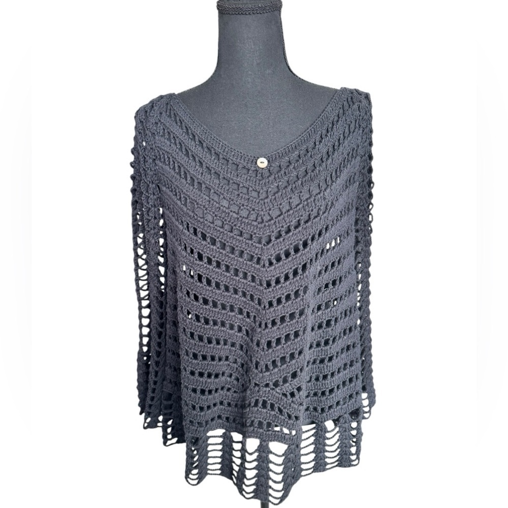 Pure Handknit Crochet Sweater L/XL Boho Coastal Goth Festival Cotton Poncho Top